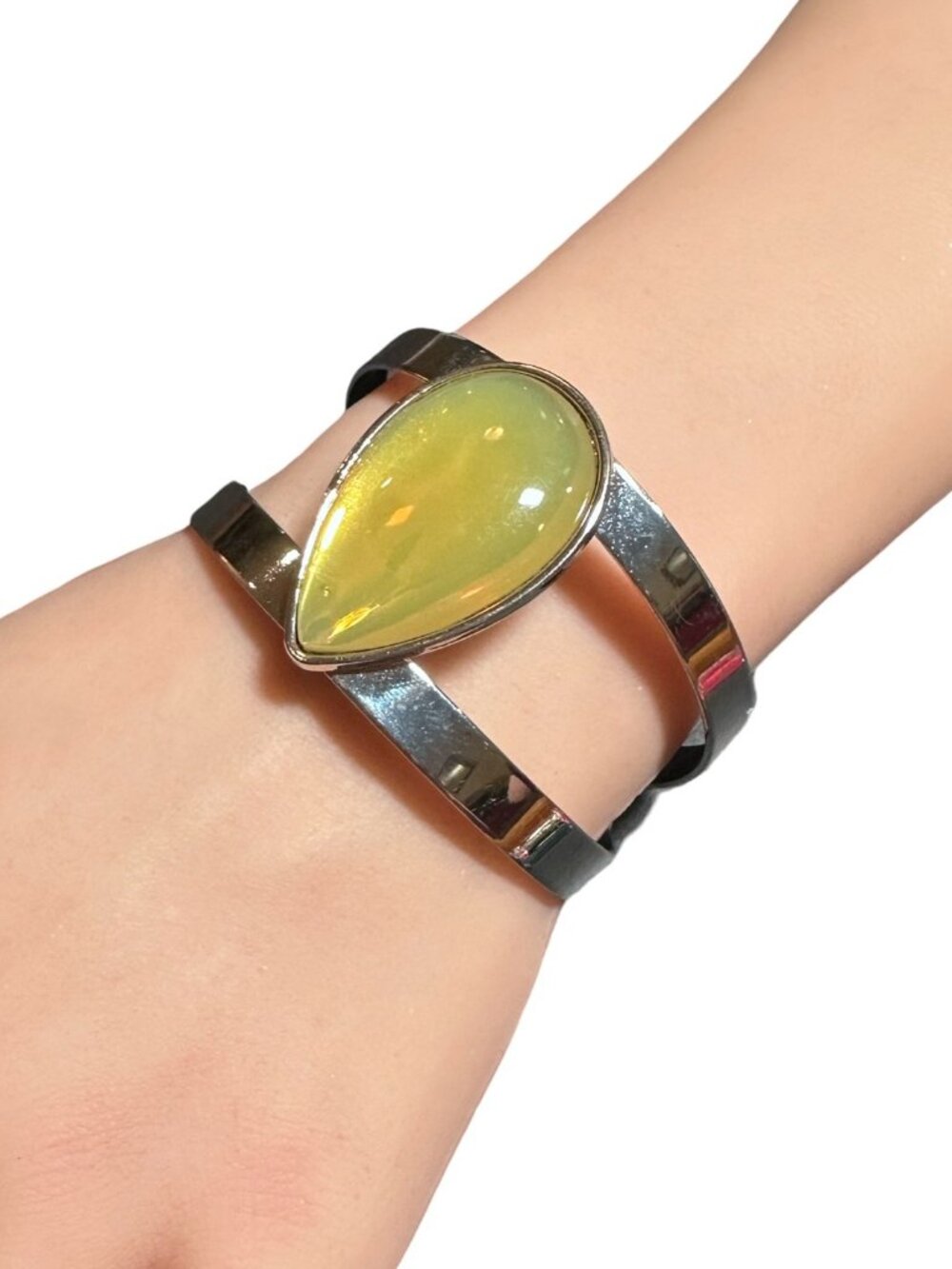 Cuff Bracelet Pear Shaped Center Yellow Silver Tone Double Band Womens Jewelry